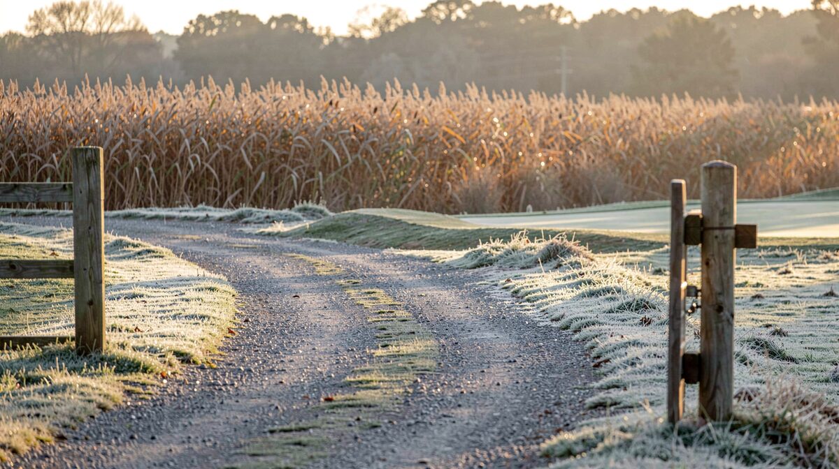 A gravel field road running between a mown golf rough and a stand of tall CRP grass at first light, with a gate post in the foreground and frost on the low ground.