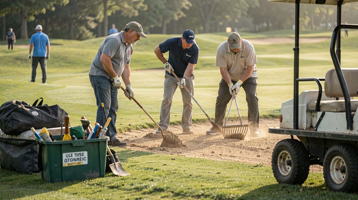 A volunteer crew in work gloves and caps rakes bunker sand on the edge of a golf green in mid-morning light, with a labeled tool bin and a parked utility cart in the foreground.