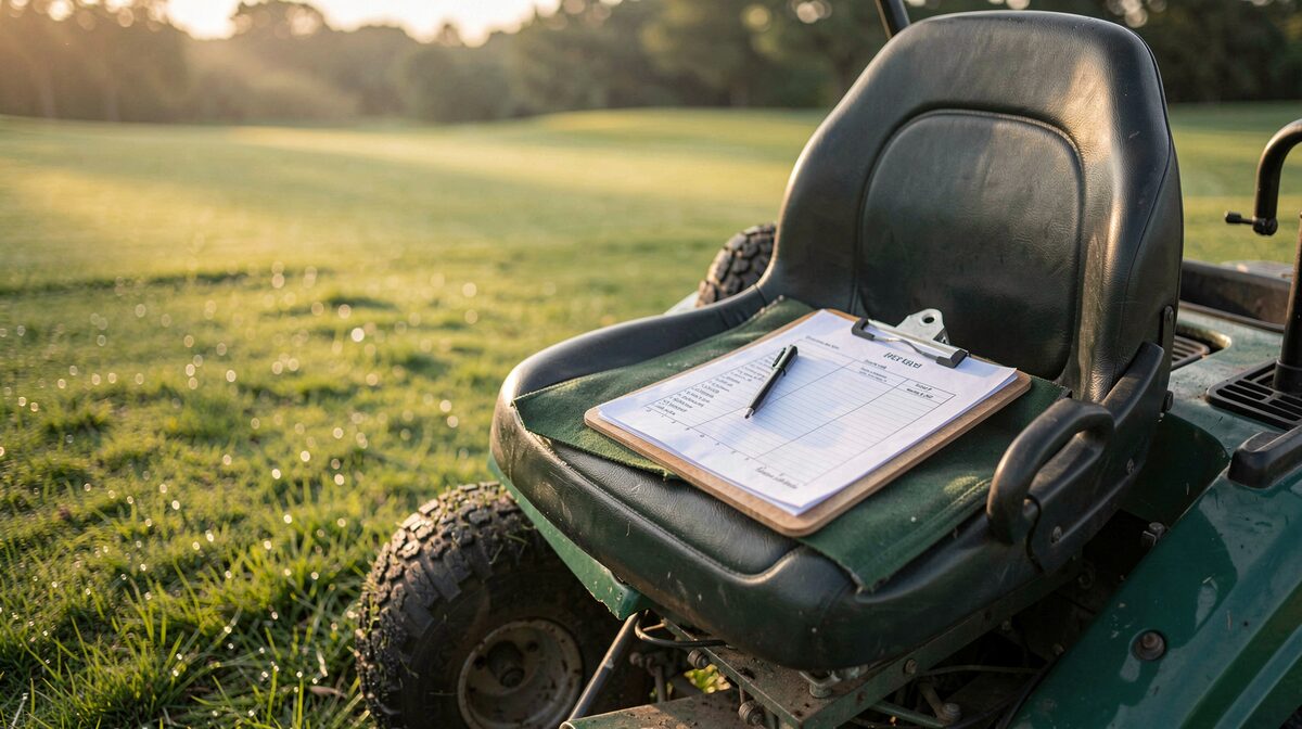 A greenkeeper's clipboard resting on a fairway mower seat at first light, soil test report clipped to the board, dew still on the grass in the foreground.