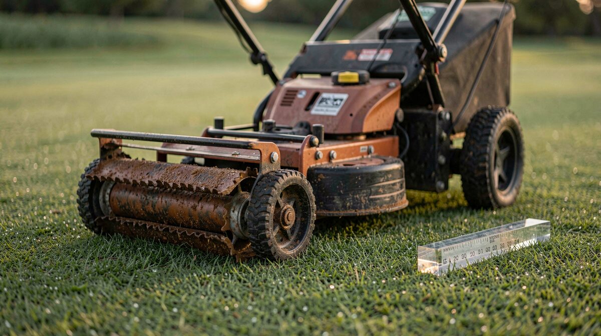 A walk-behind reel mower parked on the collar of a putting green at first light, bedknife and reel visible in close profile, dew still on the bentgrass, a prism gauge resting on the turf beside the front roller.