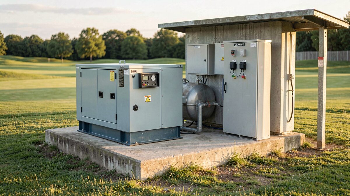 A diesel standby generator in a concrete pad enclosure beside an irrigation pump station at a golf course, late afternoon light, wide shot showing the fuel tank and the transfer switch cabinet.