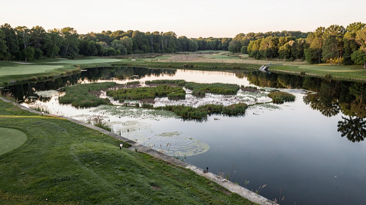 A golf course storage pond at first light, viewed from the dam crest, with a vegetated wetland cell and a creek intake visible upstream, calm water reflecting the tree line.